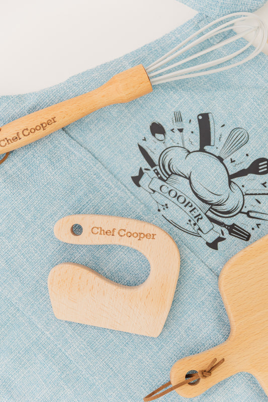 Personalized Kids Baking Set – Custom Chef Apron & Wooden Kitchen Tools – Gift for Little Bakers, Toddler Birthday Gift