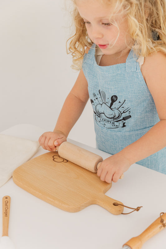 Personalized Kids Baking Set – Custom Chef Apron & Wooden Kitchen Tools – Gift for Little Bakers, Toddler Birthday Gift