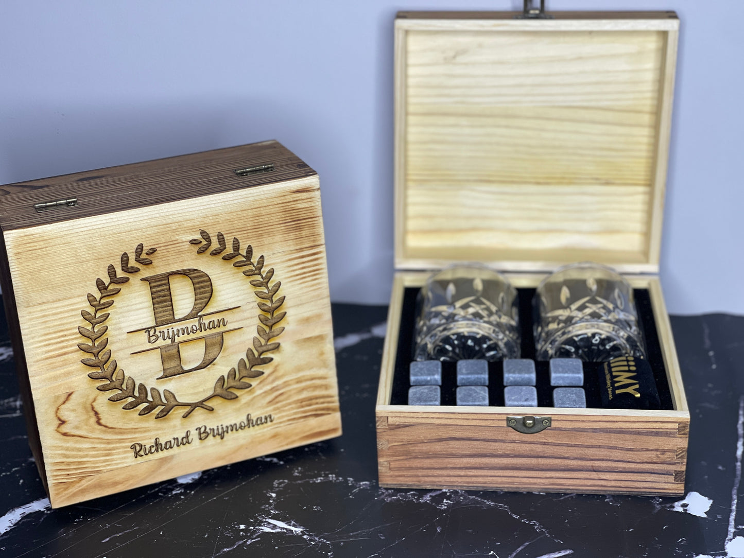 Personalized Wood Box Whiskey Glass Set | Wood Box Set | Custom Box Set | Wood Gift Box | Custom Wood Gift  | Whiskey Stones | Whiskey Gifts