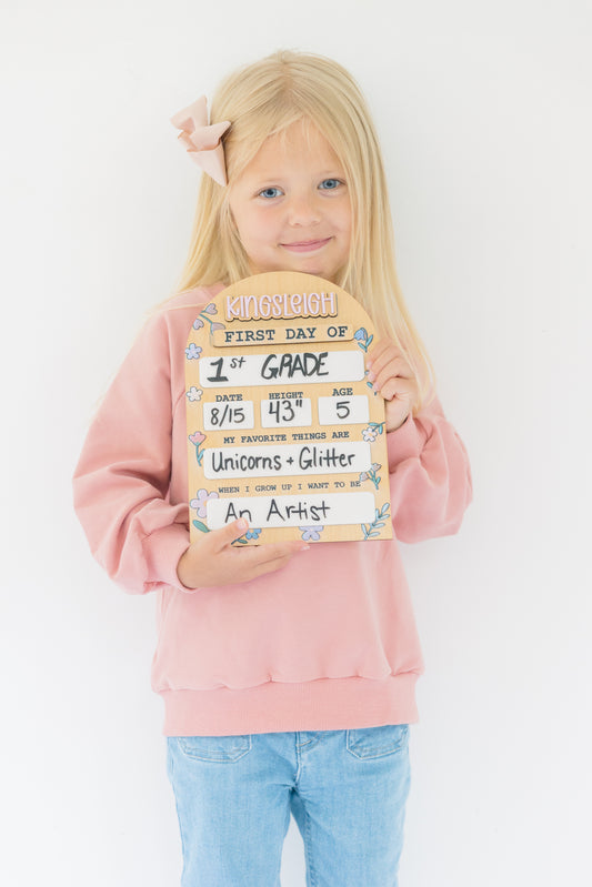 Floral Arch First & Last Day of School Sign – Personalized Reusable Back to School Board for Girls | Custom Name Photo Prop