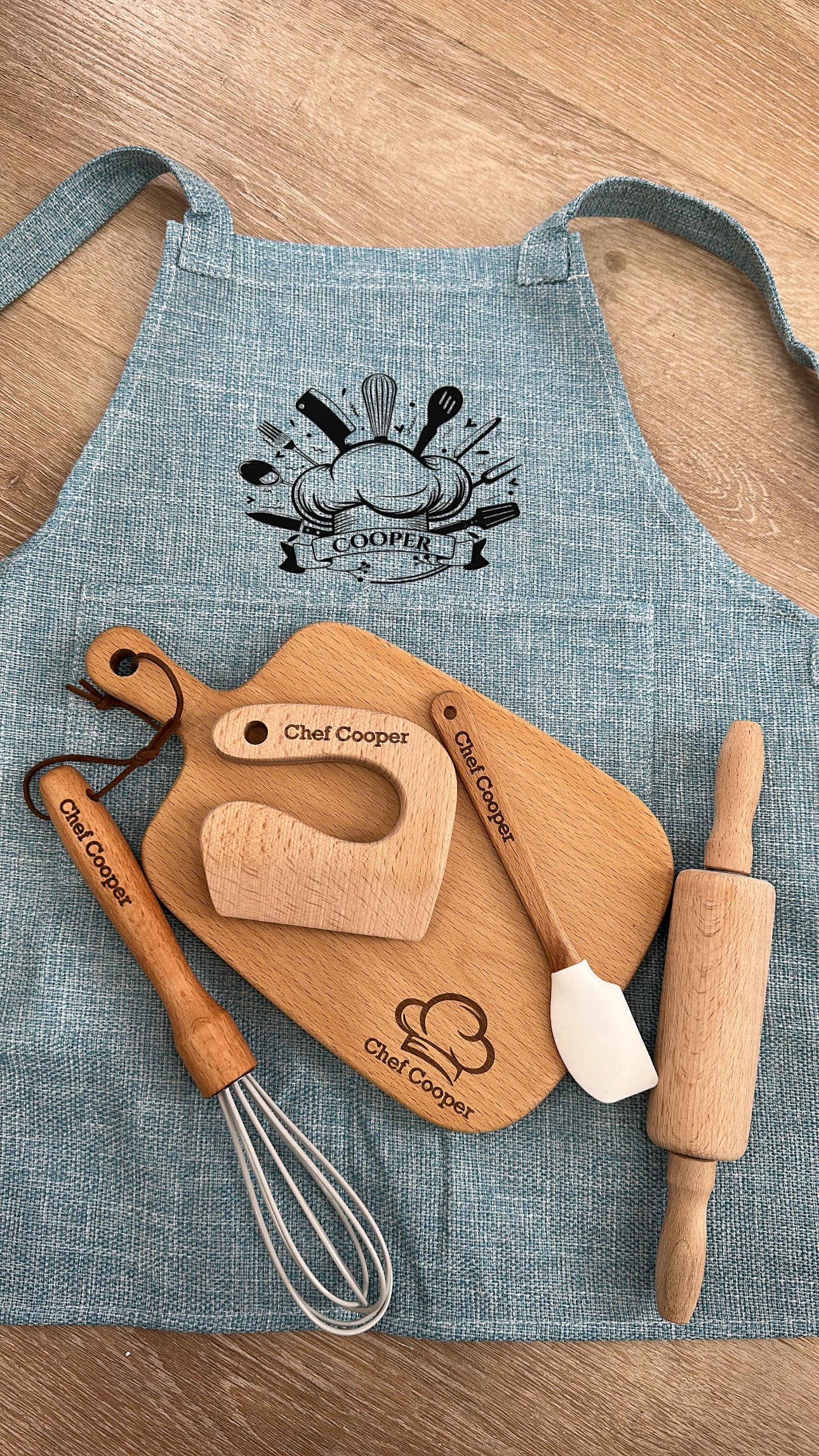 Personalized Kids Baking Set – Custom Chef Apron & Wooden Kitchen Tools – Gift for Little Bakers, Toddler Birthday Gift