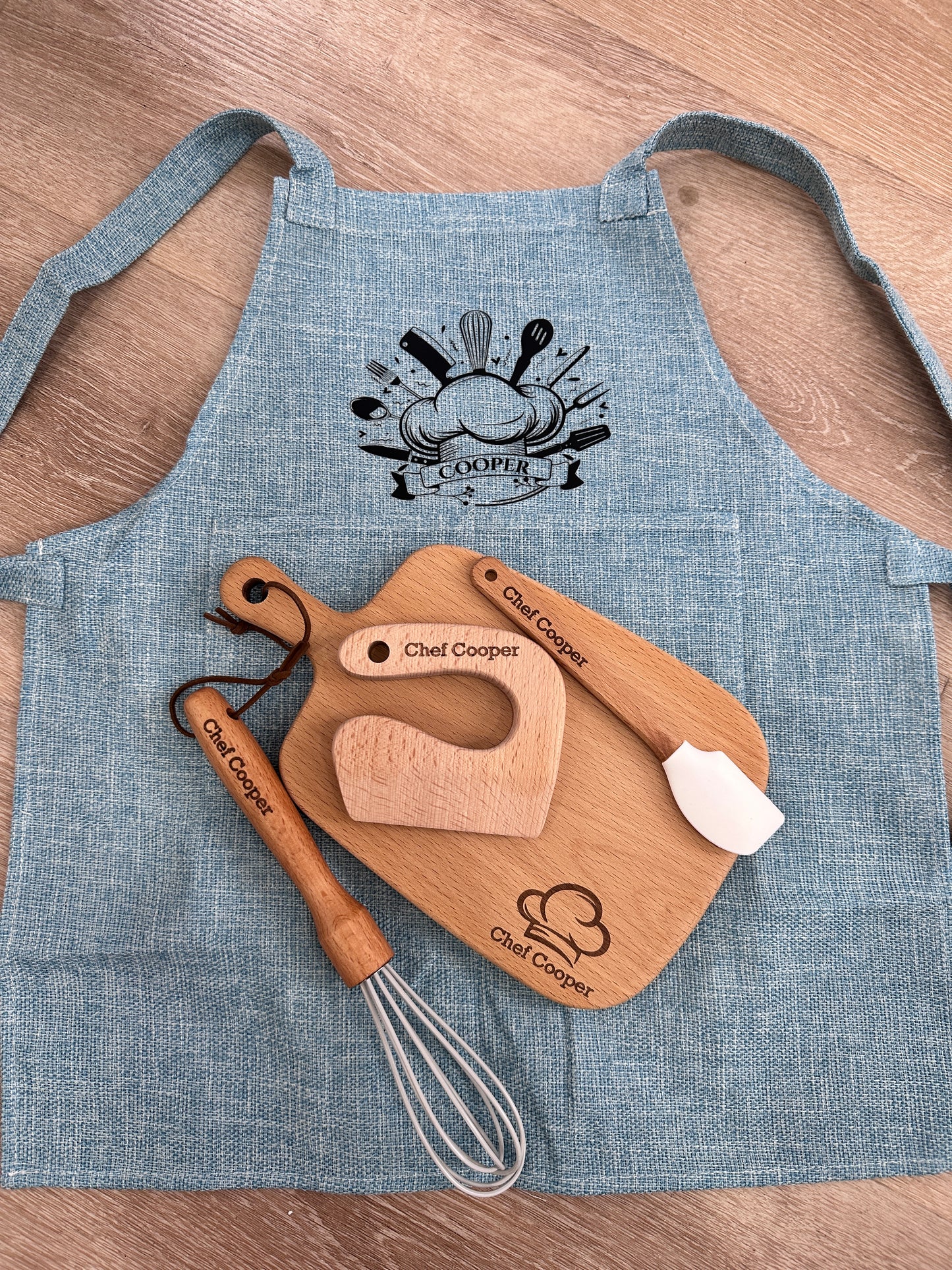 Personalized Kids Baking Set – Custom Chef Apron & Wooden Kitchen Tools – Gift for Little Bakers, Toddler Birthday Gift