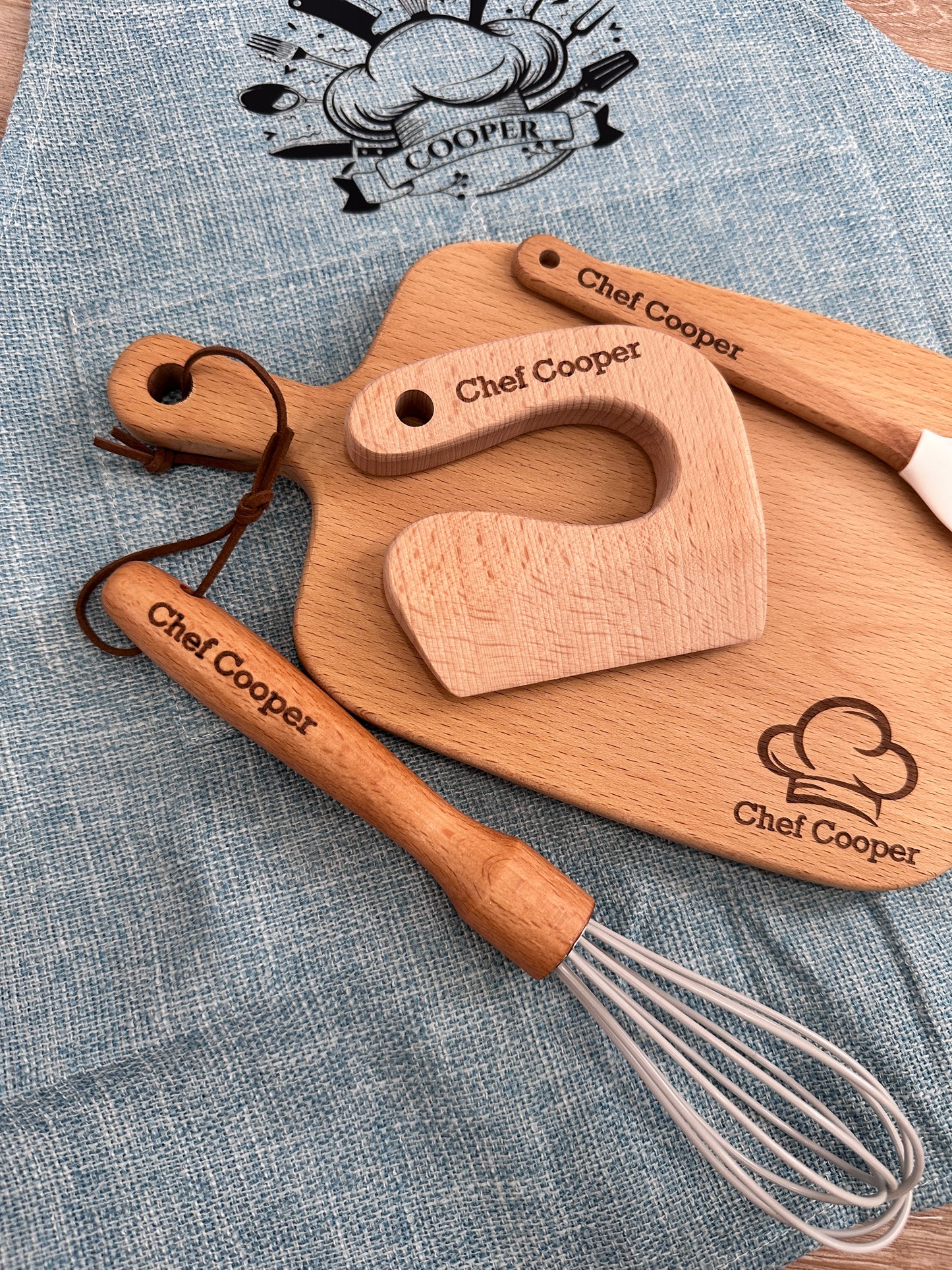 Personalized Kids Baking Set – Custom Chef Apron & Wooden Kitchen Tools – Gift for Little Bakers, Toddler Birthday Gift