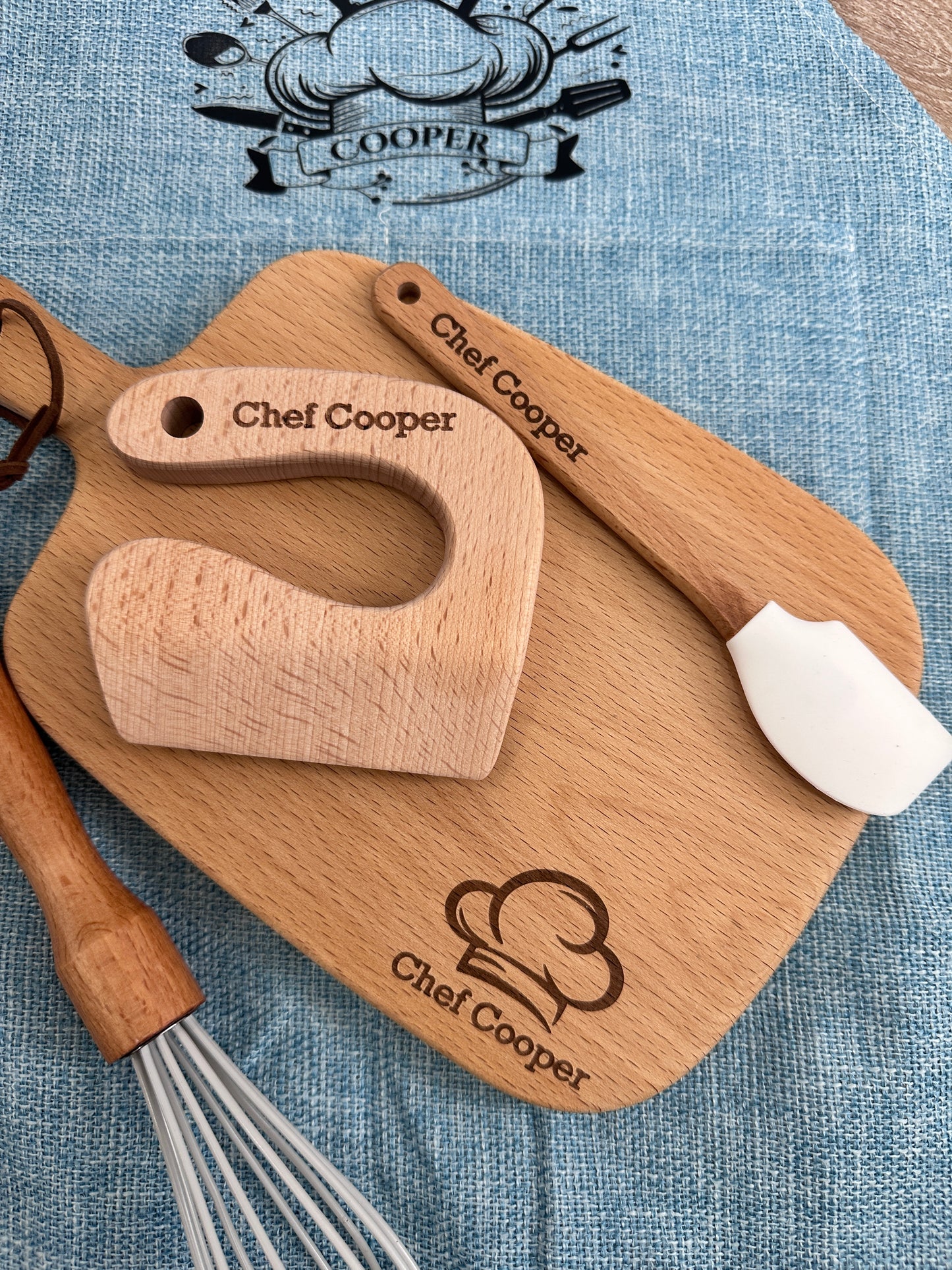 Personalized Kids Baking Set – Custom Chef Apron & Wooden Kitchen Tools – Gift for Little Bakers, Toddler Birthday Gift