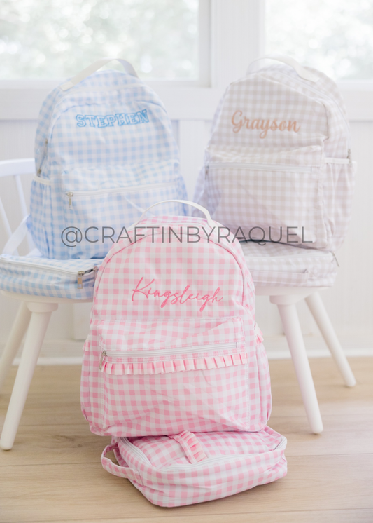 Personalized Gingham Backpack – Custom Embroidered Name – Waterproof Kids Bookbag – Back to School – Toddler or Preschool Backpack