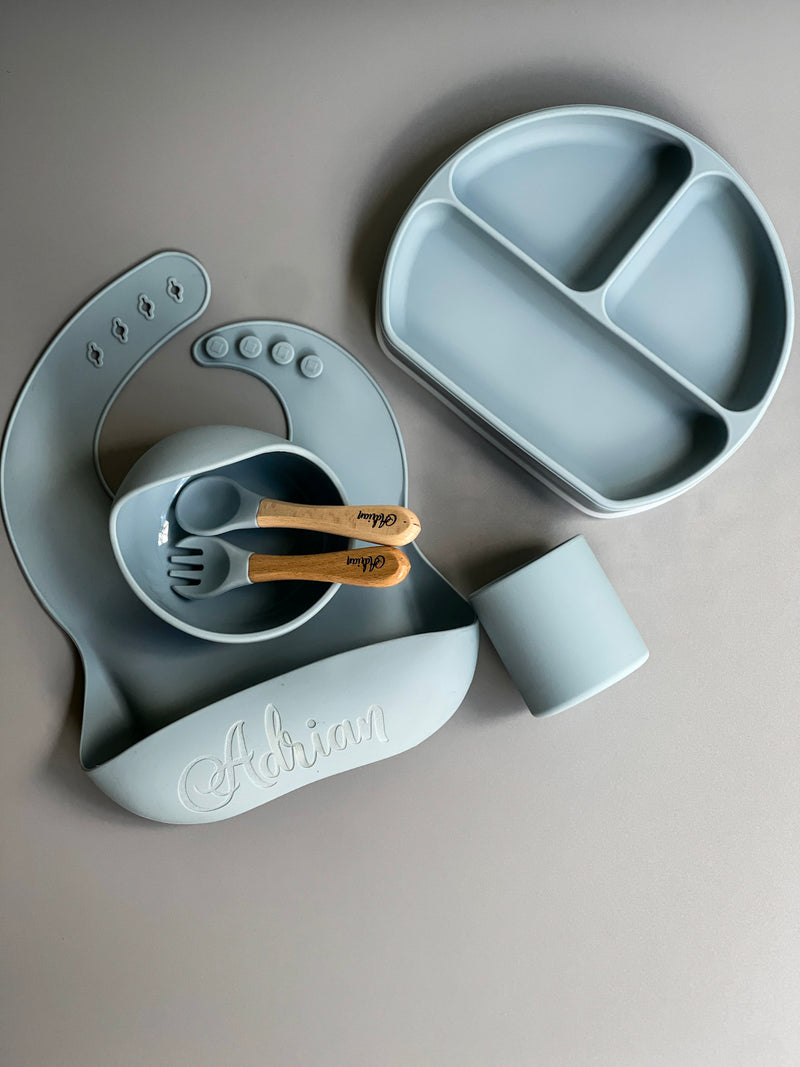 Personalised Engraved Silicone Bib, Suction Bowl, Spoon Feeding Set