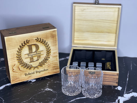 Personalized Wood Box Whiskey Glass Set | Wood Box Set | Custom Box Set | Wood Gift Box | Custom Wood Gift  | Whiskey Stones | Whiskey Gifts